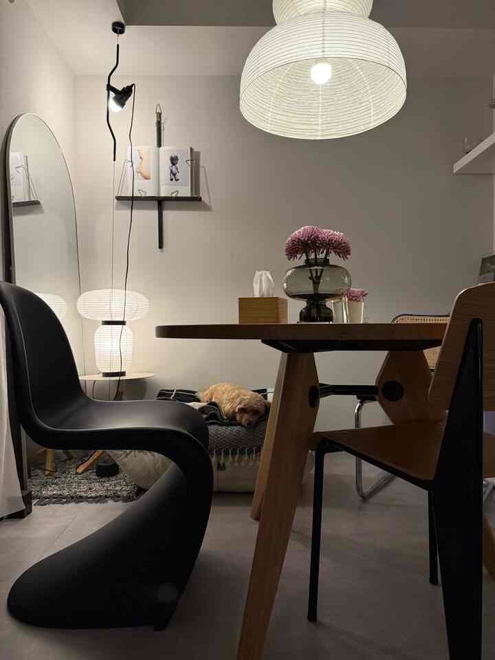 ライトグレーの壁と床のモダンなダイニングルーム、黒のパントンチェアと木目調のダイニングテーブルが配置された落ち着いた空間、ペットの犬がペットベッドで休んでいる