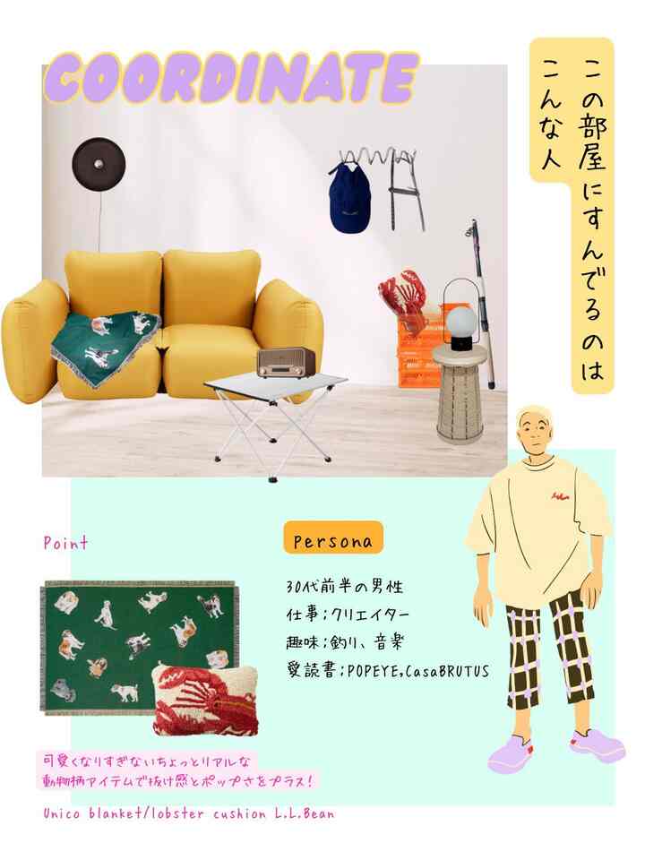 黄色のソファと青い帽子が配置されたモダンなリビング、動物柄のブランケットがアクセントのあるインテリア