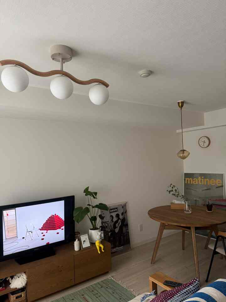Minimal living and dining room with white walls and wood tone furniture featuring round dining table and ceiling lights