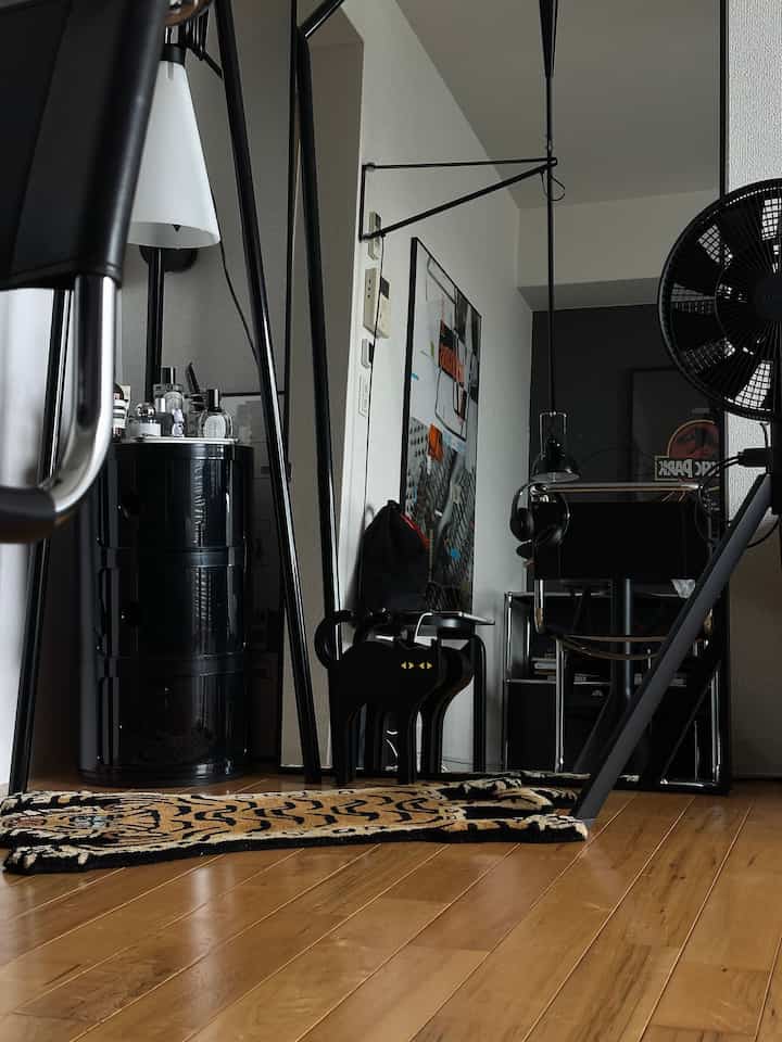Modern living space with black and wood tones, featuring a cat-shaped objet and large mirror creating an atmospheric interior