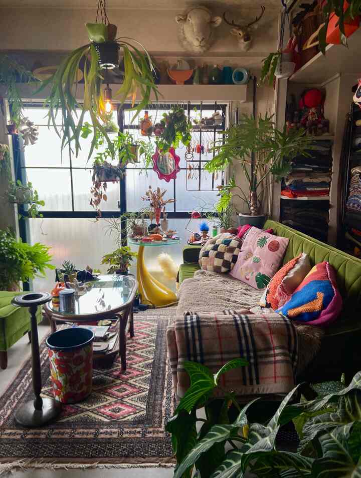 Green-toned living room featuring a Karimoku sofa and abundant leafy plants in a cozy retro interior