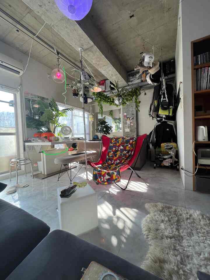 Natural-toned living room with colorful patterned chair, dining table, and abundant plants in bohemian style interior