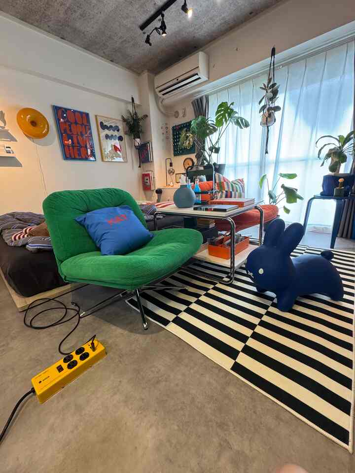 Bright studio apartment with white walls and curtains, featuring a green armchair, black and white striped rug, and indoor plants in a cozy setting