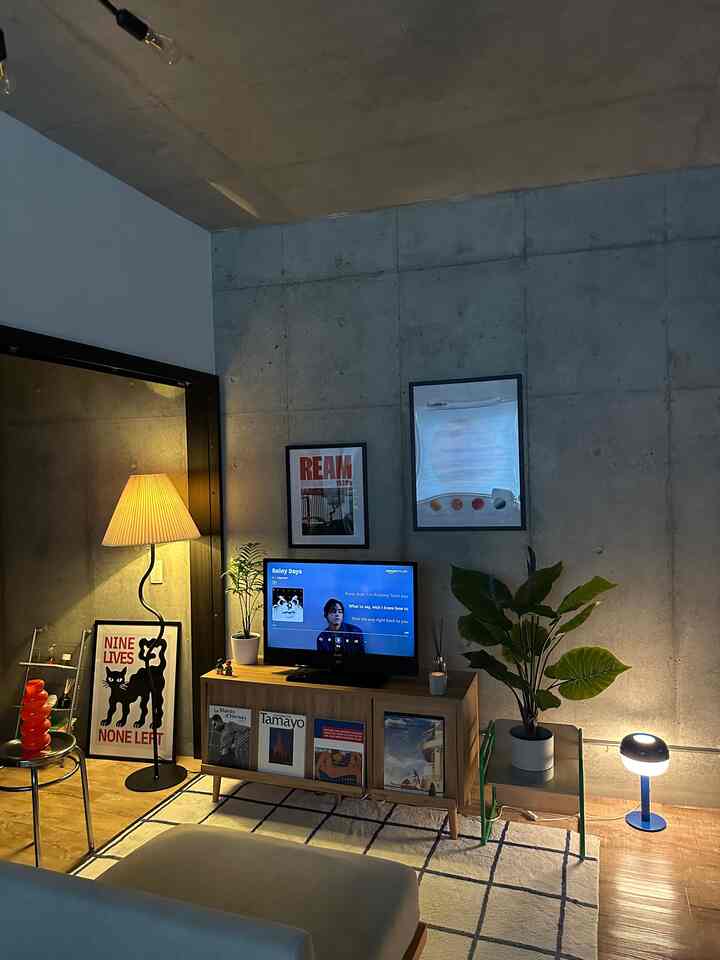 グレーのコンクリート壁と木目調家具が配された1LDKのリビング、間接照明と植物が調和する雰囲気のあるインテリア