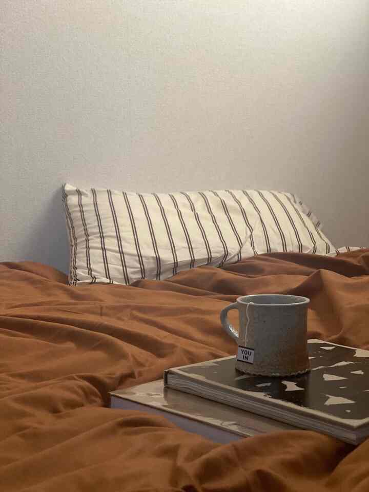 温かみのあるブラウンとホワイトの寝室、ストライプの枕と柔らかな掛け布団カバーが配置された雰囲気のあるインテリア