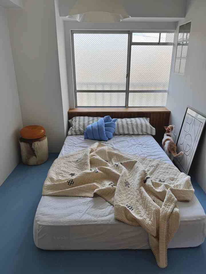 Blue flooring bedroom featuring a bed with cream bedspread and a cat for a cozy atmosphere
