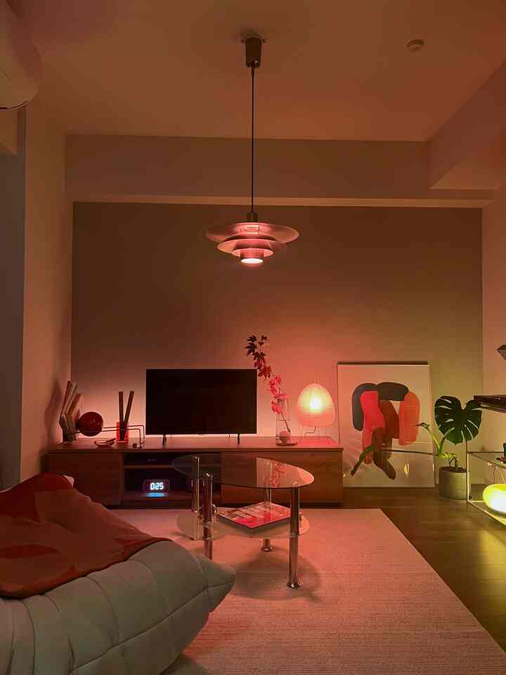 夜の雰囲気は昼間とガラッと変わります。

間接照明を複数活用することで灯りに濃淡を出し、メリハリがついた仕上がりになりました🟠

#間接照明のある暮らし #観葉植物 
#間接照明インテリア #IKEA #unico
#リーンロゼ #イサムノグチ #ロナンブルレック