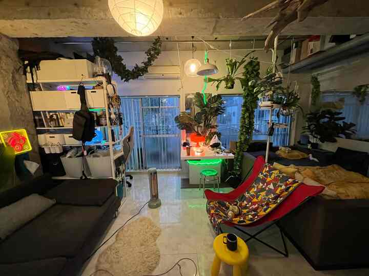 ナチュラルな色調の狭い3人暮らし用リビング兼ホームオフィス、多くの植物が配置された居心地の良い空間