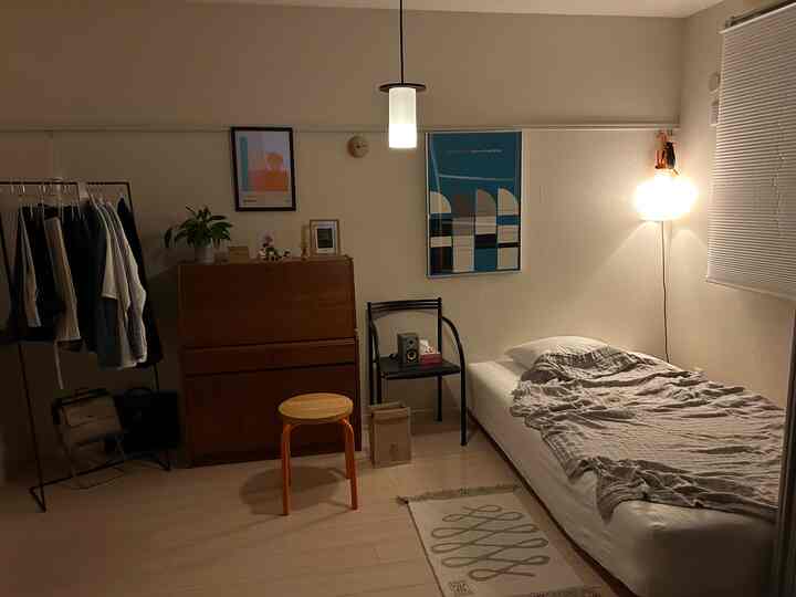 Natural-toned single bedroom featuring mid-century modern furniture and posters in a cozy space