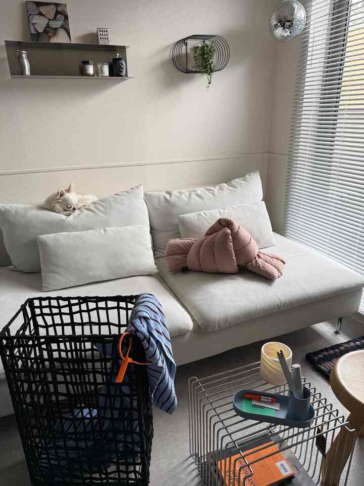 白と黒のトーンのリビング、白いソファとブラインド、黒のワイヤーバスケットが配置された落ち着いた雰囲気のインテリア