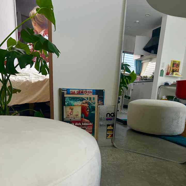 White-toned living room featuring an ottoman at center, large mirror on right, and a green plant on the left, cozy interior