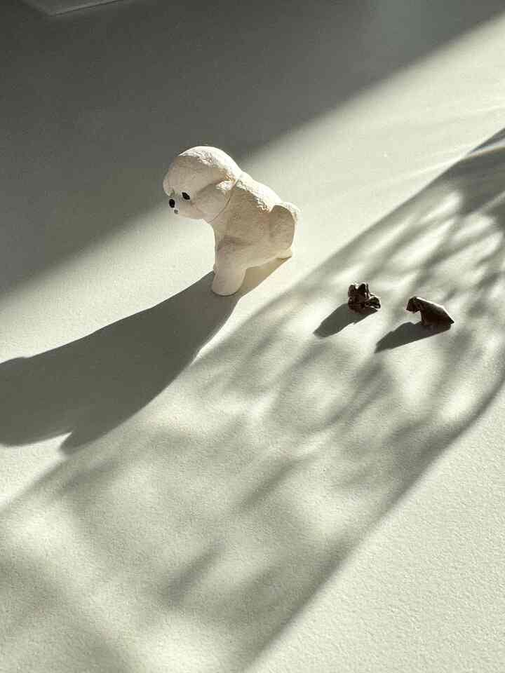 Natural toned surface illuminated by light, featuring a small white dog figurine and two brown miniatures in a minimal setting