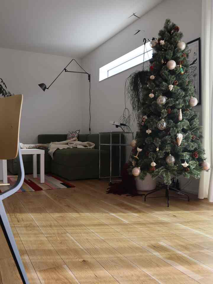 白い壁と木目調の床が調和するリビング、ミッドセンチュリーモダンのソファと飾られたクリスマスツリーが配置された温かみのある空間