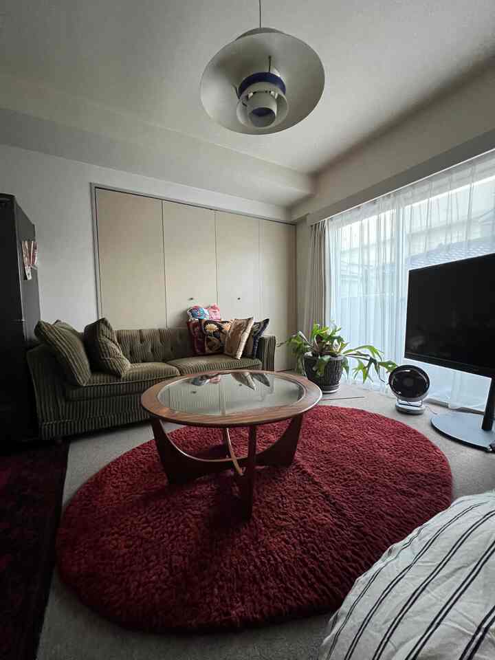 Nordic studio apartment living room with green sofa, wooden glass coffee table, red circular rug, and plants creating cozy atmosphere