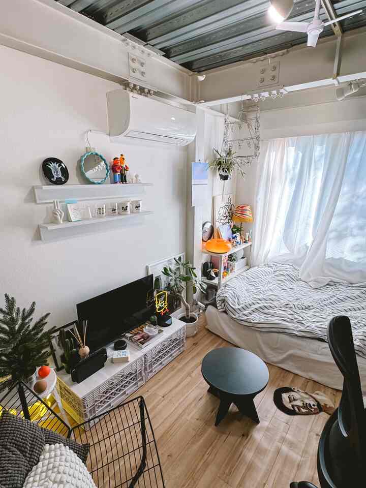 Natural-toned single household bedroom featuring a TV stand and plants in a cozy setting