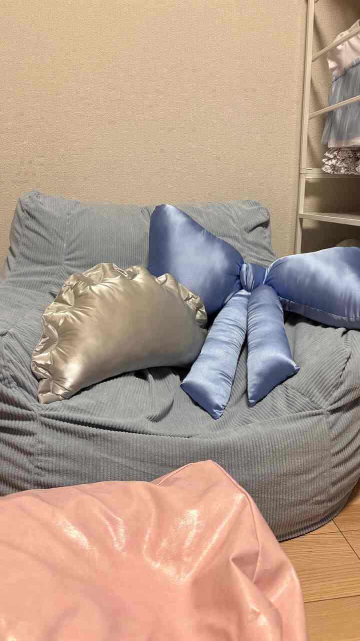 グレーのビーズクッションソファにシルバーとブルーのクッションが配置された、落ち着いたワンルームの自然なモダンインテリア