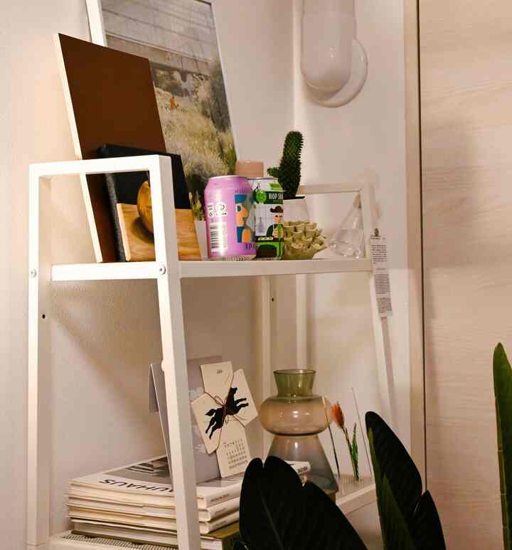 ホワイトとナチュラルカラーのリビング、整然とした棚に本とオブジェが配置された雰囲気のあるインテリア