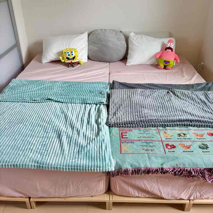 ピンク×ミント×グレーの組み合わせが気分🩰

#寝室 #1LDK #ベッド #IKEA #イケア #bprbeams #タオルケット #カラフル部屋 #韓国 #ニトリ