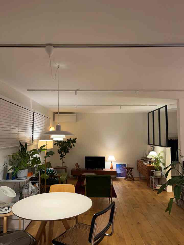 ナチュラルな木目調と白い壁のミッドセンチュリーモダンなリビング、植物とヴィンテージ家具が配置された暖かみのある空間