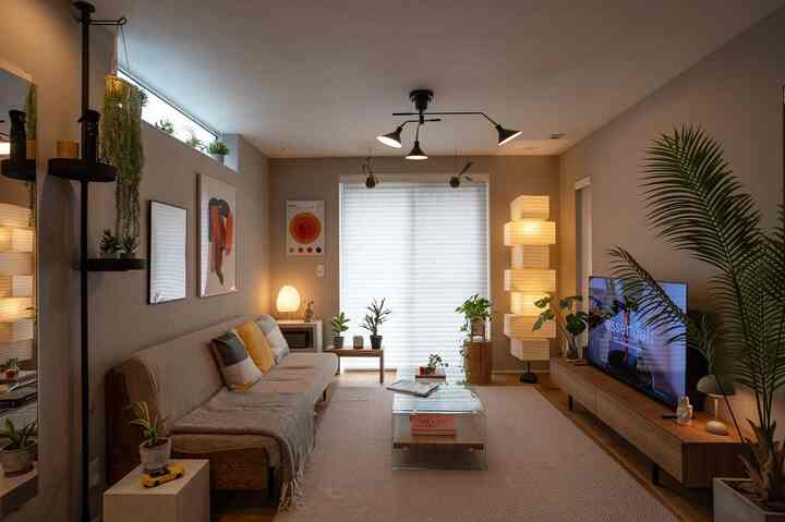 グレーとナチュラルな木目調が調和した8畳のリビング、ソファとガラスのコーヒーテーブル、植物が印象的な居心地の良い空間