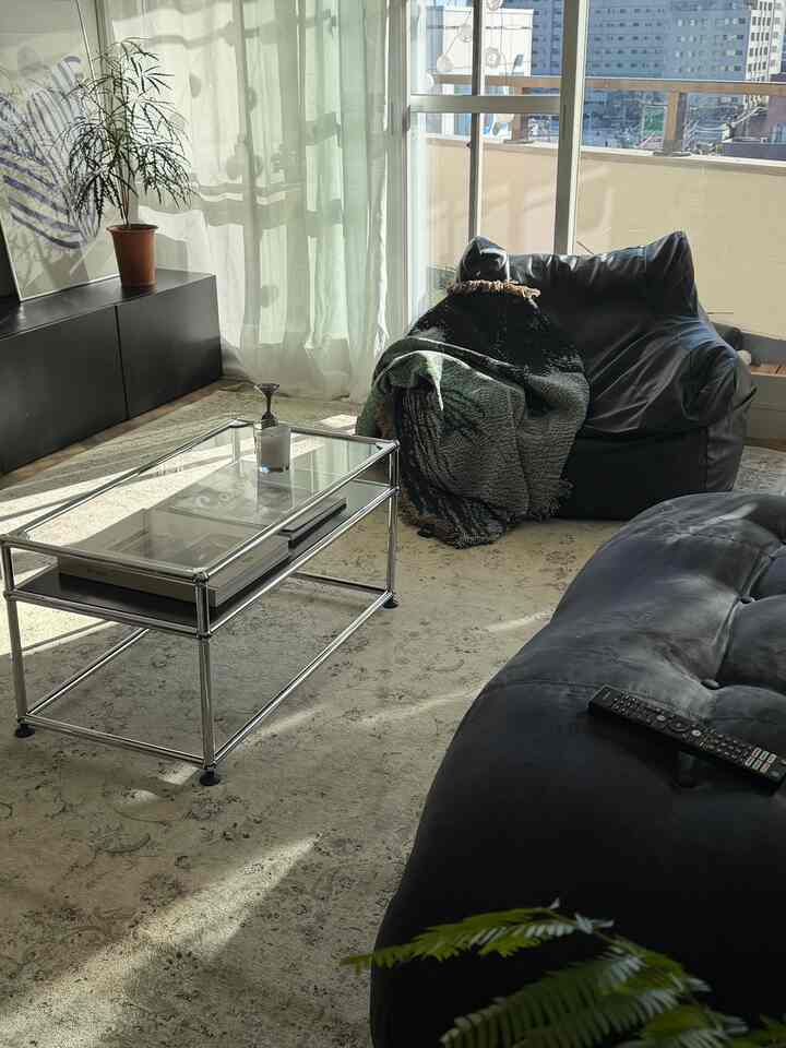 黒と白のトーンのリビング、大きなソファとコーヒーテーブル、植物が配置された明るくシンプルな雰囲気のインテリア