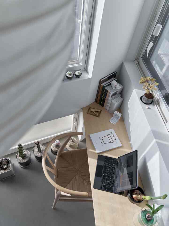 Bright monotone small home office featuring a wooden desk and chair, laptop, and multiple small plants creating a cozy workspace