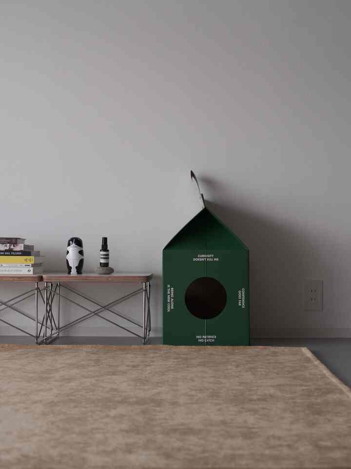 Minimal living room space with a beige rug and a green cat house