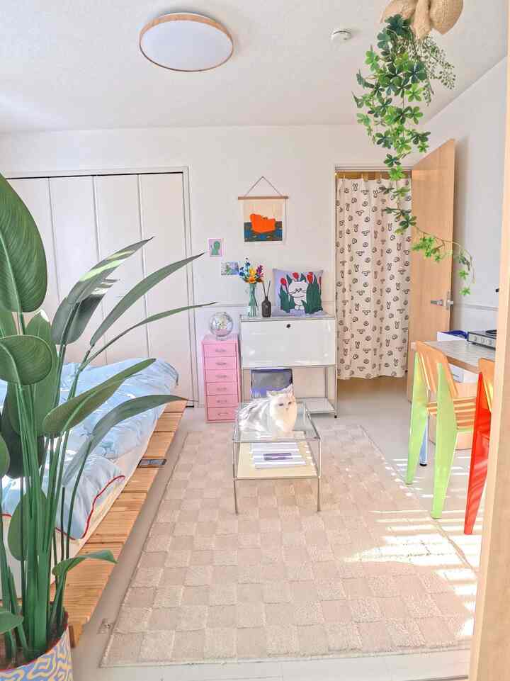 白い壁とベージュのラグがあるリビングルーム、ナチュラルウッドのソファとガラスのコーヒーテーブルに猫が座っている、落ち着いた雰囲気の空間