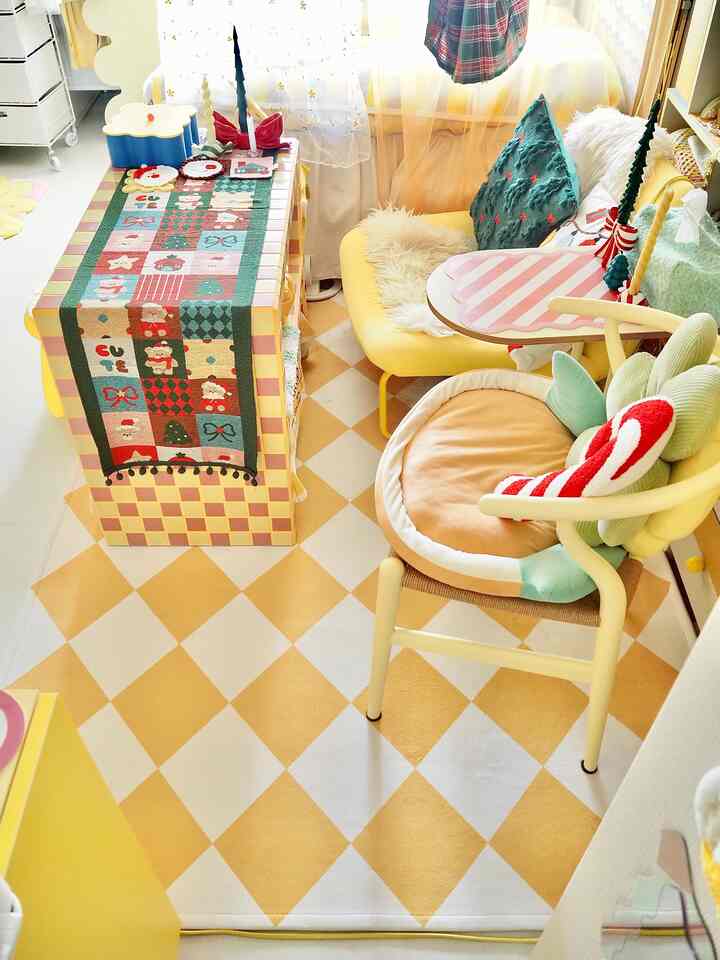 Cozy living room in yellow and natural tones featuring an armchair and a decorative table runner