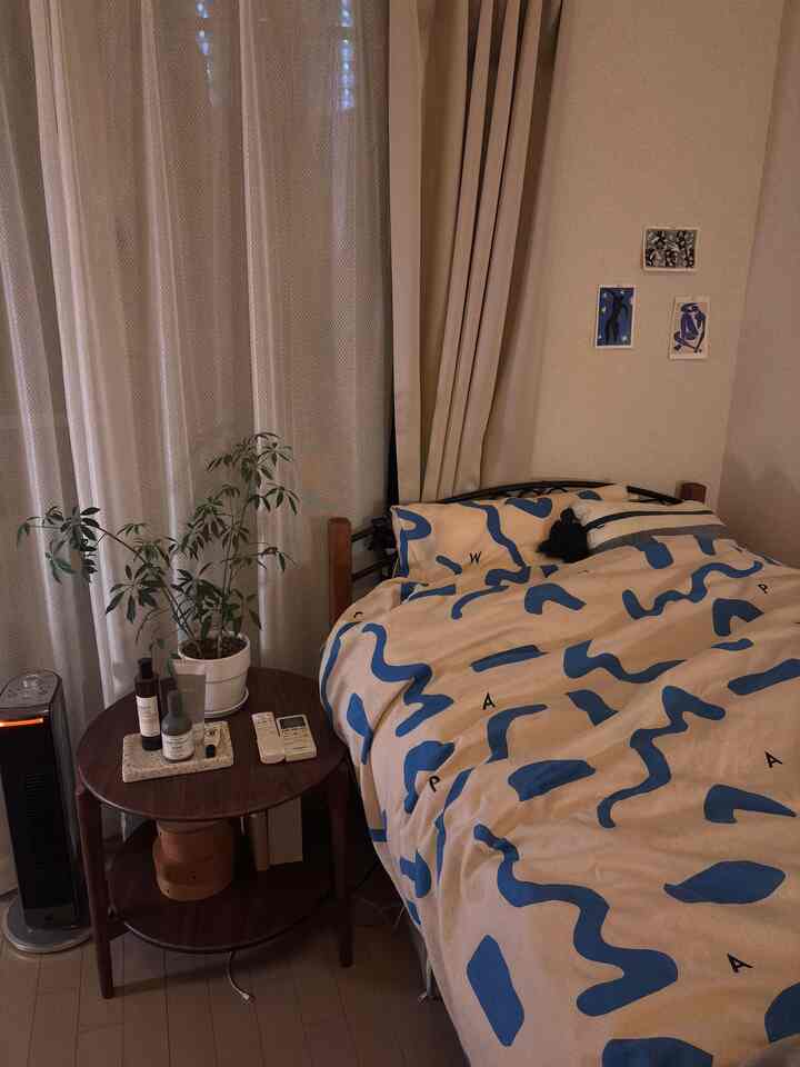 ベージュと青のトーンの1K寝室、ミッドセンチュリースタイルのベッドと観葉植物が配置された落ち着いた空間