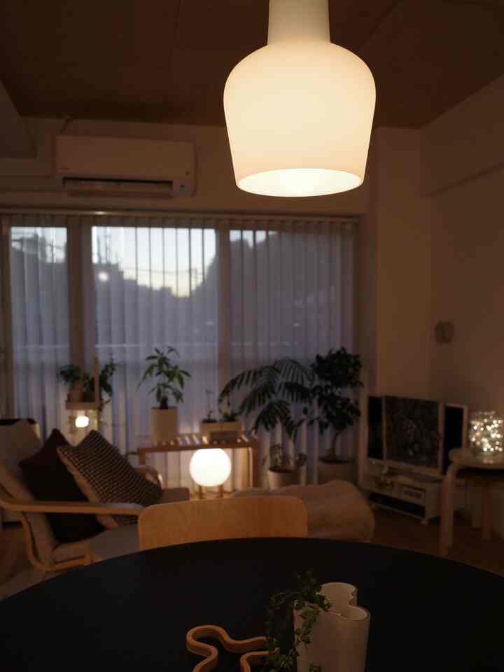 温かみのある照明と自然素材の家具、植物が配置された居心地の良いリビング