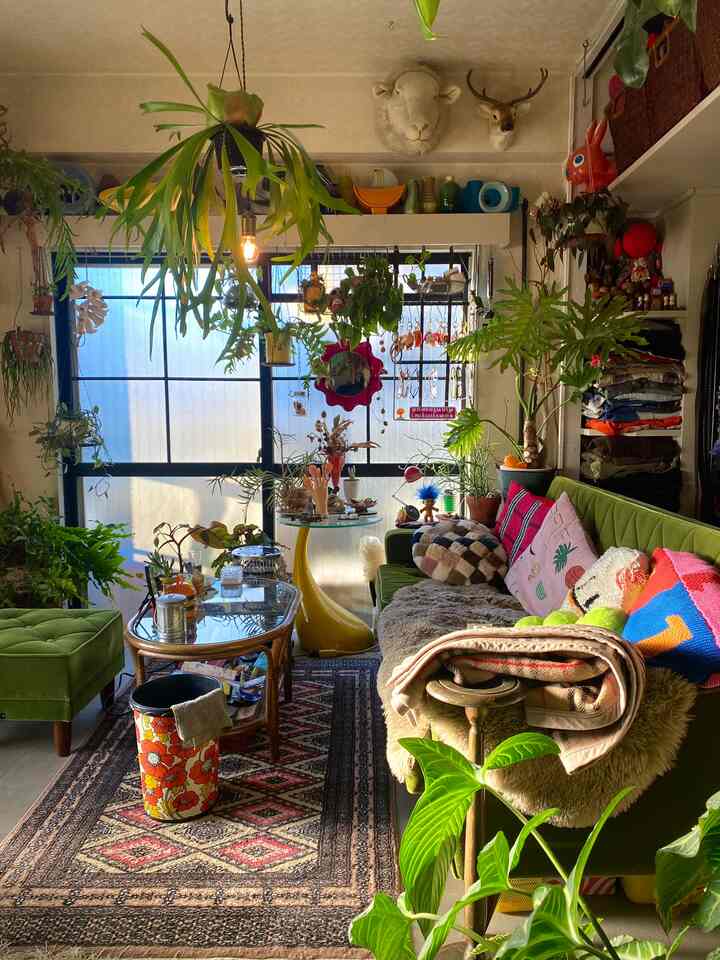 Cozy mid-century modern living room with green sofa, colorful cushions, and abundant indoor plants creating a vibrant atmosphere