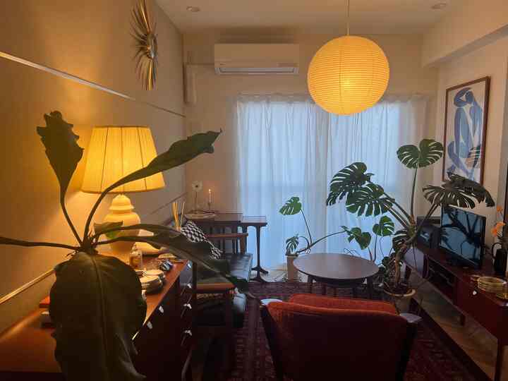 暖かいブラウンとホワイトの色調のリビング、ミッドセンチュリー家具とモンステラ植物、間接照明が調和した雰囲気のあるインテリア