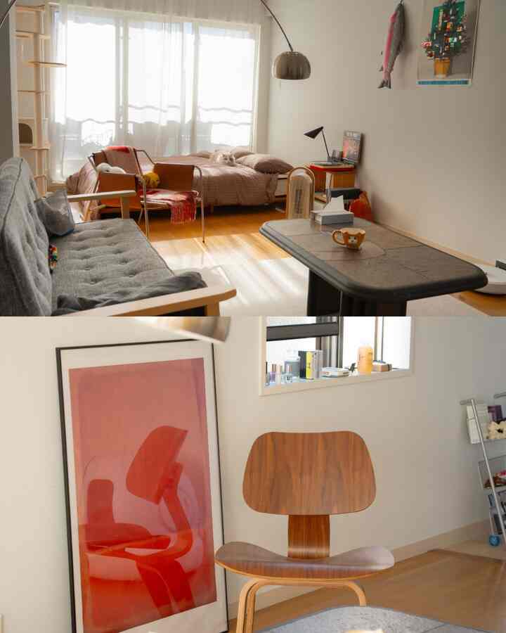 ベージュと木目調の色合いの一人暮らし用リビング兼寝室、猫とキャットタワーがある落ち着いた雰囲気のインテリア