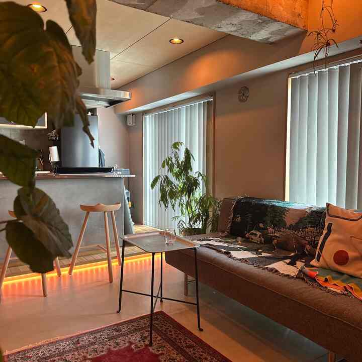 Natural brown-toned living room and kitchen space featuring a Beatles throw blanket on sofa and a decorative rug, creating a cozy atmosphere