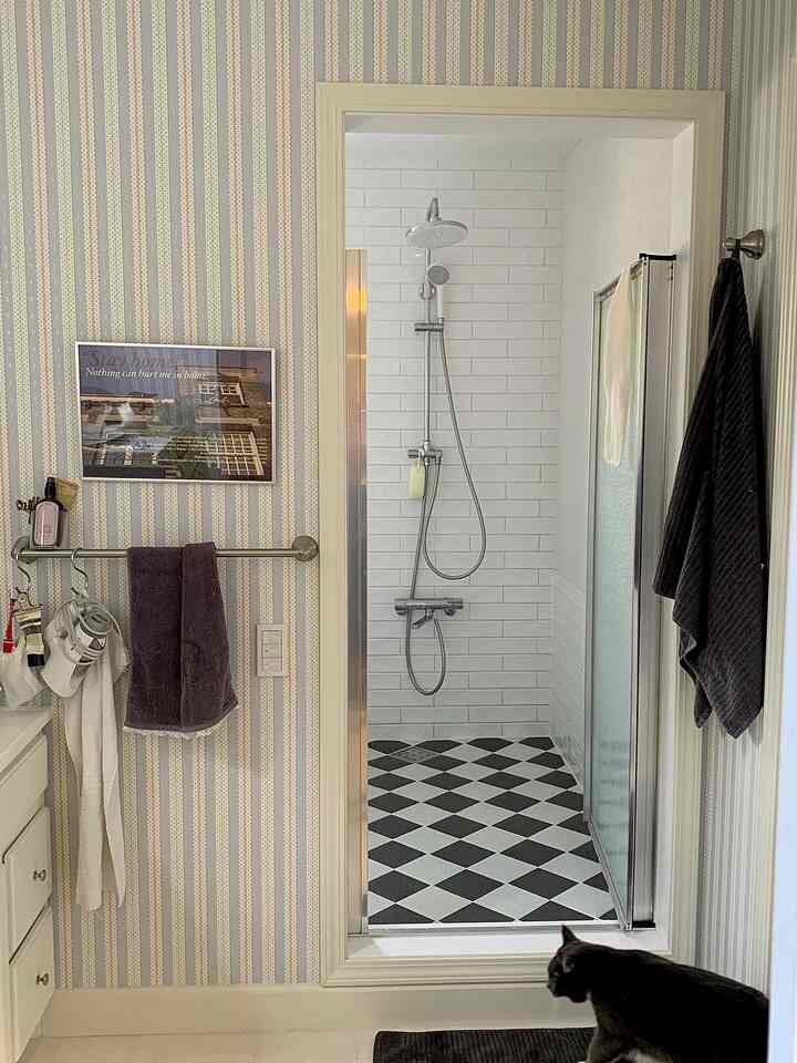 白いタイルの壁と黒いチェッカーボードの床タイルがあるバスルーム、壁にポスターとタオルが掛けられ、猫が床に座っている雰囲気のある空間