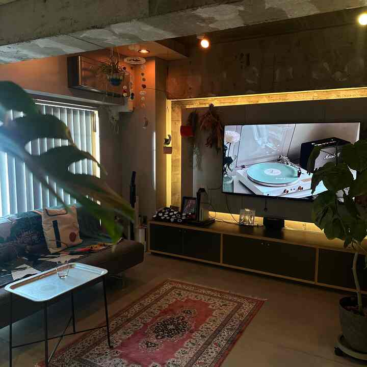 Warm brown and blue toned living room featuring a large TV, sofa, rug, and plants creating a modern atmosphere