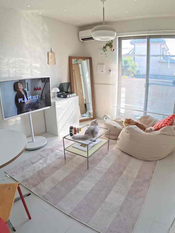 白とピンクのトーンのモダンで明るいリビング、ビーズクッションとラグ、猫が配置された雰囲気のあるインテリア