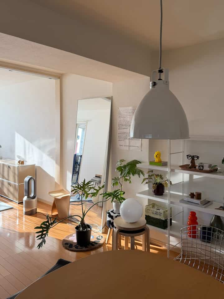 Warm wood-tone dining room in mid-century modern style featuring a wooden dining table, plants, and white shelving creating cozy atmosphere