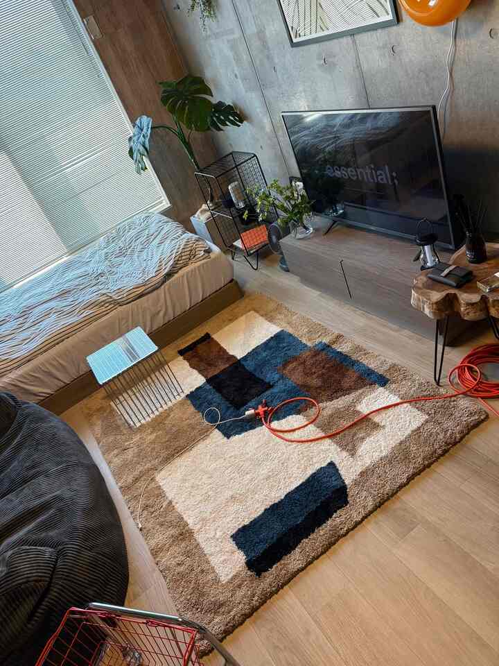 ベージュとブルーの色調のワンルーム、幾何学パターンのラグとナチュラルモダンな家具が配置された印象的な空間