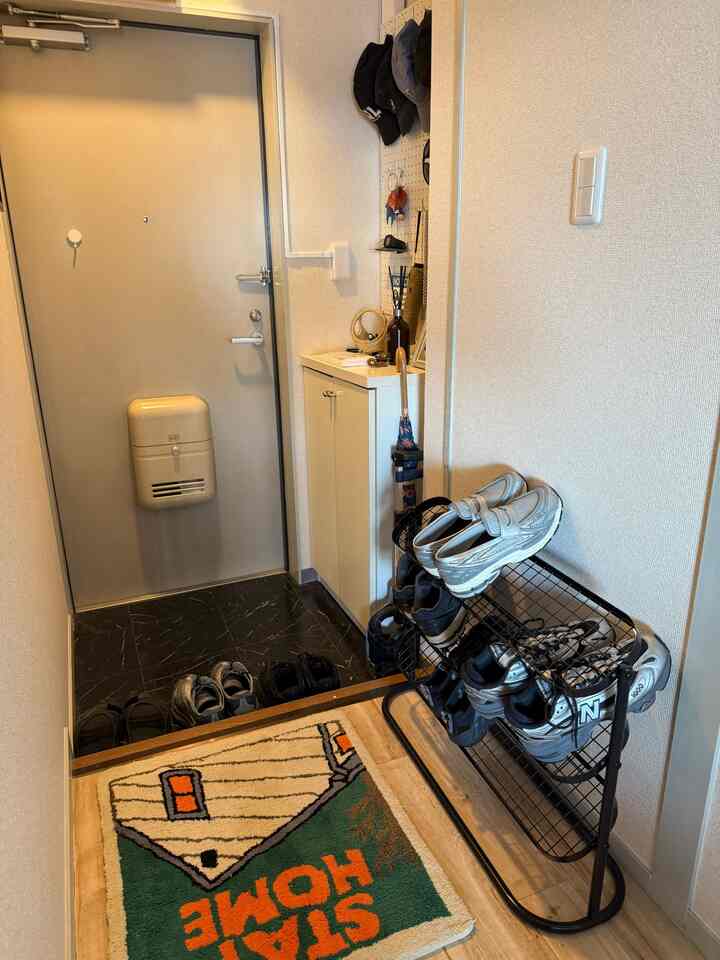 Nordic style two-person household entrance with white walls and black shoe rack, colorful rug and efficient storage creating a neat space