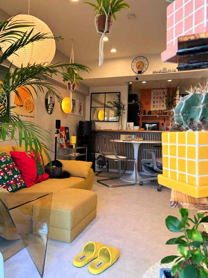 明るい黄色と透明な椅子が置かれた北欧風リビング、ハンギンググリーンや鮮やかなクッションが印象的な空間