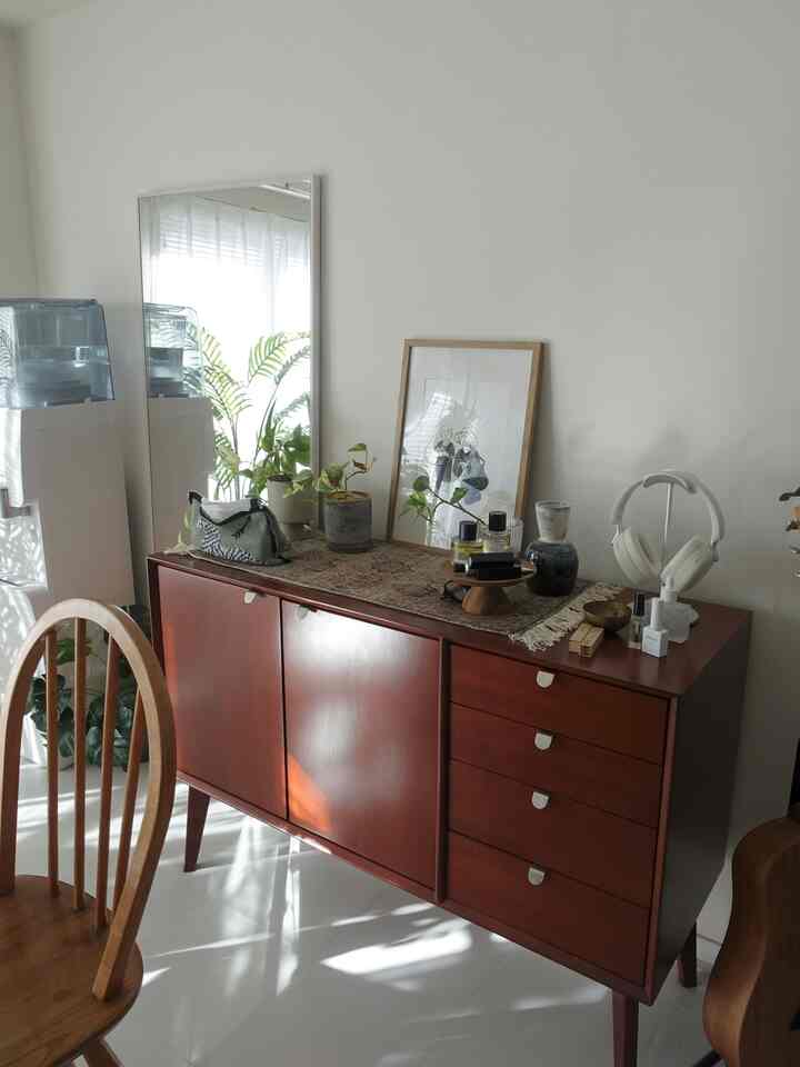 Natural-toned cabinet with plants placed in a bright and clean Nordic style space