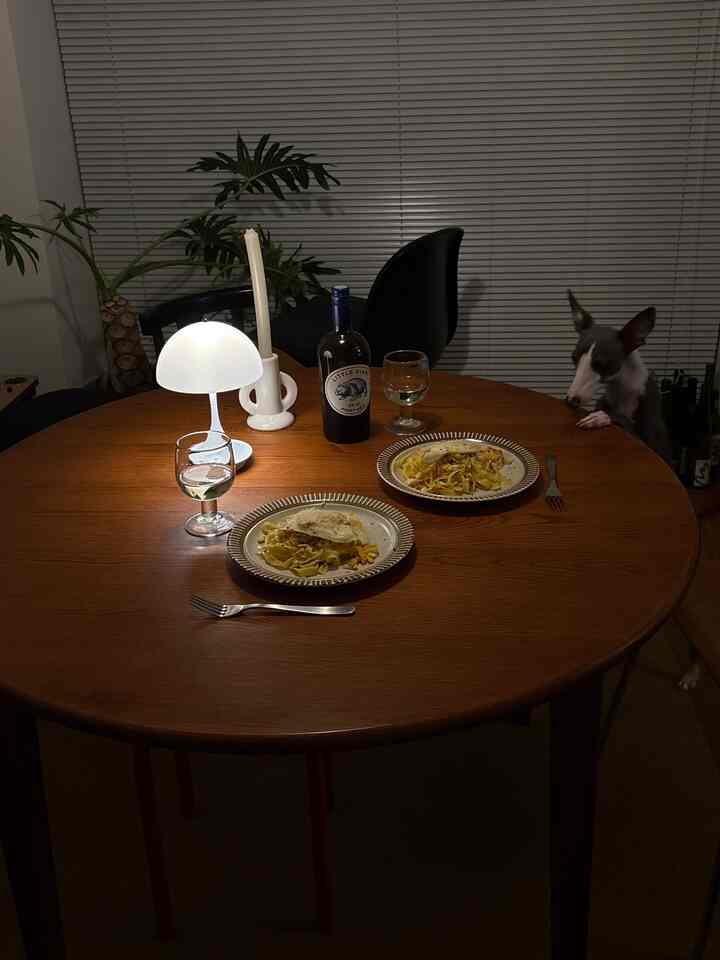 暖かいブラウン調の丸いダイニングルーム、ルイスポールセンのパンテラランプとパスタの皿2つ、犬がいる雰囲気のあるインテリア