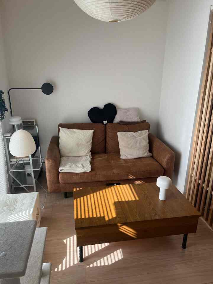 A white-walled, wood-toned 1-person living room featuring a cat tower and a brown sofa creating a cozy atmosphere