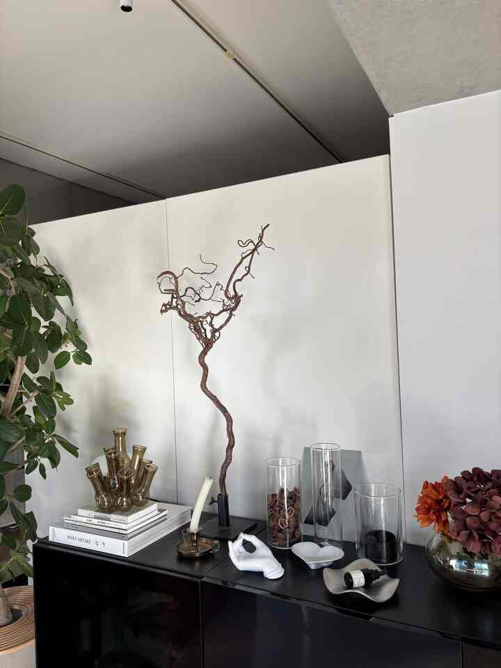 Natural tone interior with white walls and black storage cabinet featuring vases and decorative objets