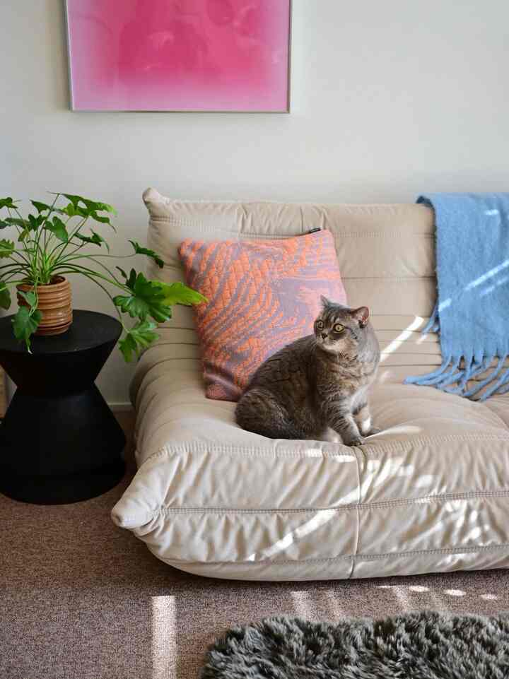 Beige-toned living room featuring a beige sofa, black stool, colorful cushion, and green plant with a natural atmosphere