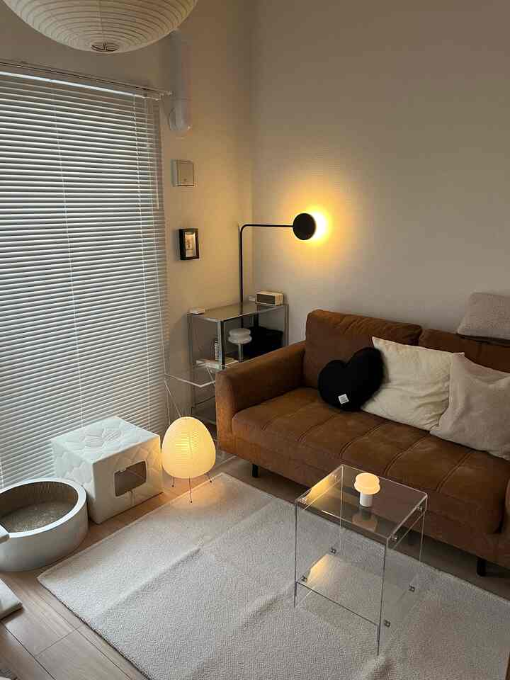 Cozy 1LDK living room with white walls and rug, featuring mid-century modern brown sofa and clear acrylic side table