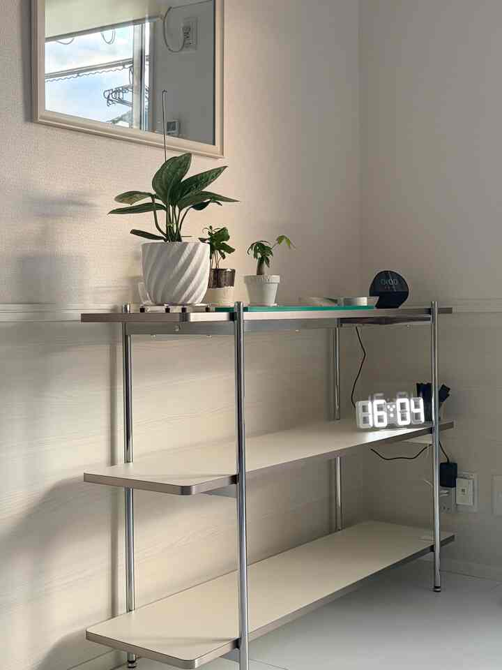 白とクロームメタルのミニマリストな棚に植物とデジタル時計が置かれたシンプルなワンルーム