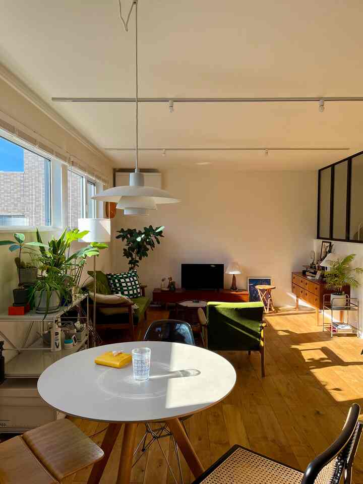 A white and wood-tone mid-century modern living room featuring green armchairs and plants in a warm, sunlit space